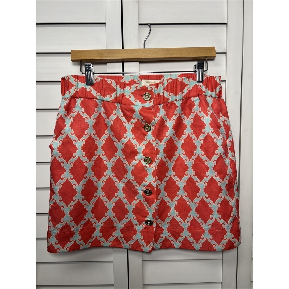 Kate Spade Silk Linen Blend Lattice Print Button Down Mini Skirt Women's Size 4